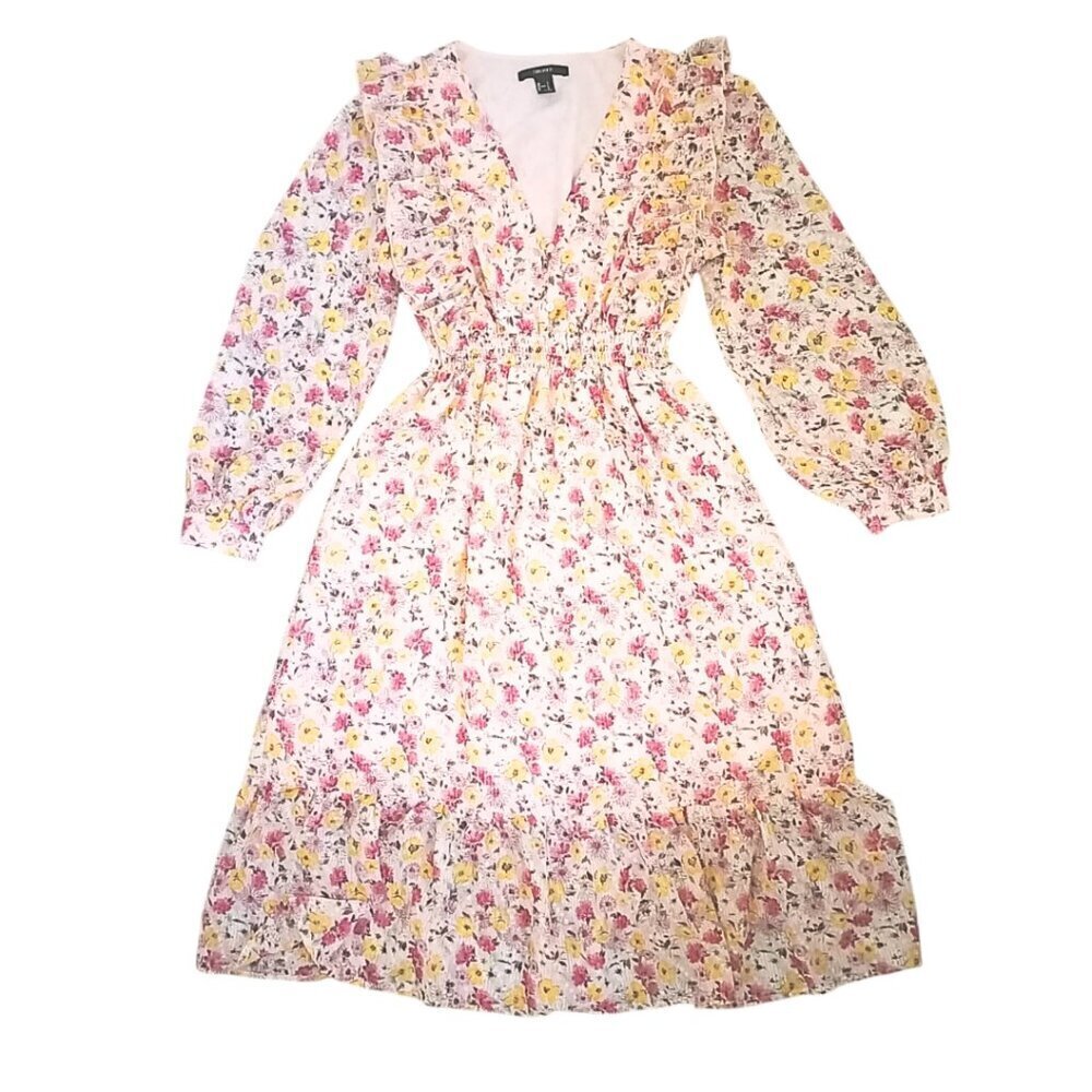 Forever 21 Floral Midi Dress – Long Sleeve V-Neck Ruffle Hem, Size S